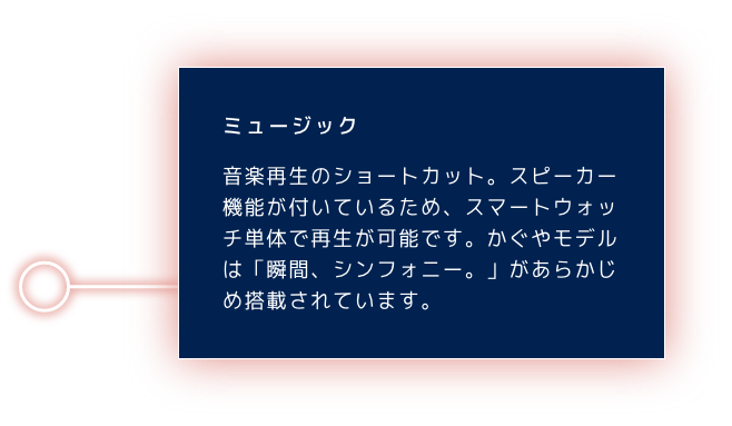 ミュージック 音楽再生のショートカット。スピーカー機能が付いているため、スマートウォッチ単体で再生が可能です。かぐやモデルは「瞬間、シンフォニー。」があらかじめ搭載されています。